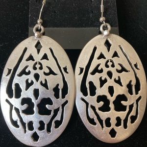 Handcrafted Oval Silver & Zinc Earrings with Abstract Tribal Cut-out Design